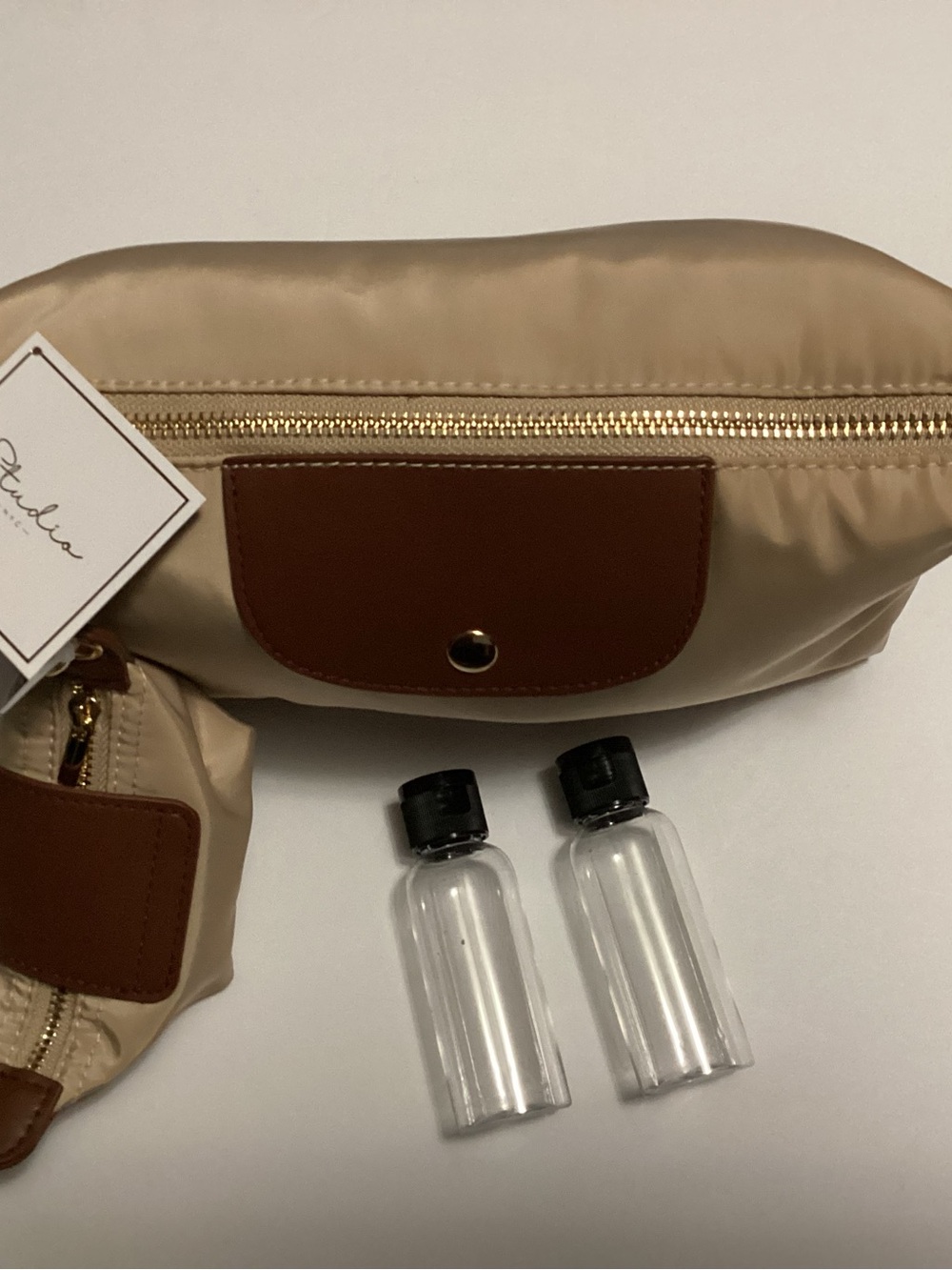 Beige and Brown Women's Travel Makeup Toiletry Bag with Removable Bottles